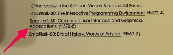 A list of books in the Addison-Wesley Smalltalk-80 series, other than the "blue book" (Smalltalk-80: the Language and its Implementation). The title "Smalltalk-80: Creating a User Interface and Graphical Applications" is highlighted; that book wasn't published.