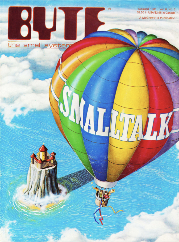 A hot air balloon bearing the word "Smalltalk" sails over a castle on a small island.